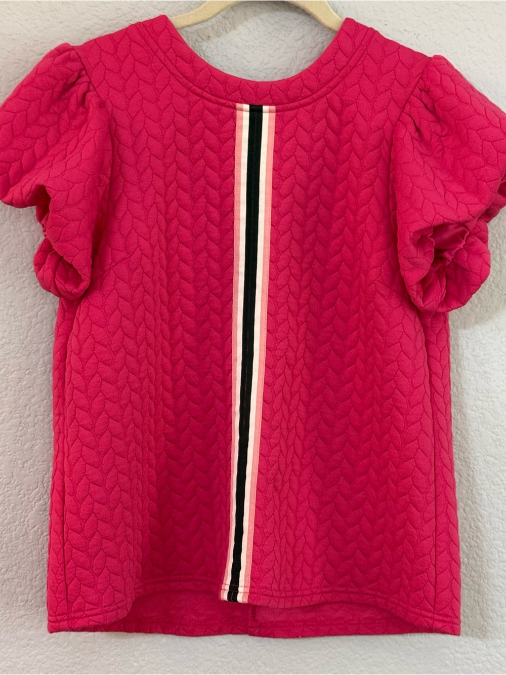 Voy Fuchsia Pink Textured Puff Sleeve Stripe Top M